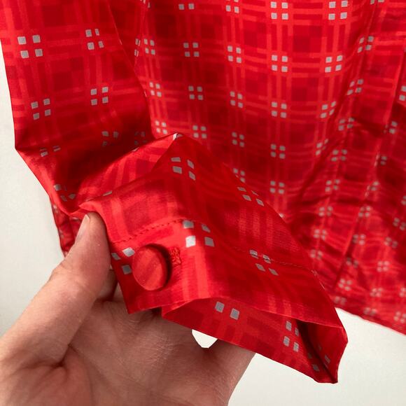 Vintage Womens L Red Geo Check Print Button Up Blouse Twee Office Retro Mod - Picture 9 of 9